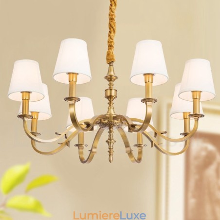 Lustre suspendu de luxe rustique rétro à 8 lumières en laiton avec abat-jour en tissu Lustre suspendu de luxe rustique rétro à 8 lumières en laiton avec abat-jour en tissu
