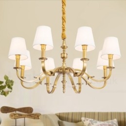 Lustre suspendu de luxe rustique rétro à 8 lumières en laiton avec abat-jour en tissu