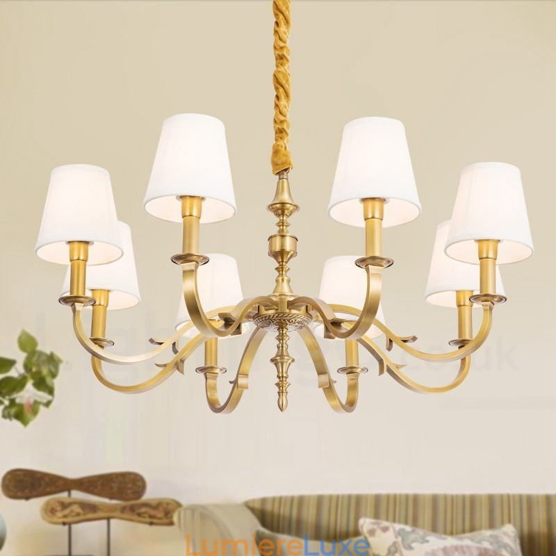 Lustre suspendu de luxe rustique rétro à 8 lumières en laiton avec abat-jour en tissu
