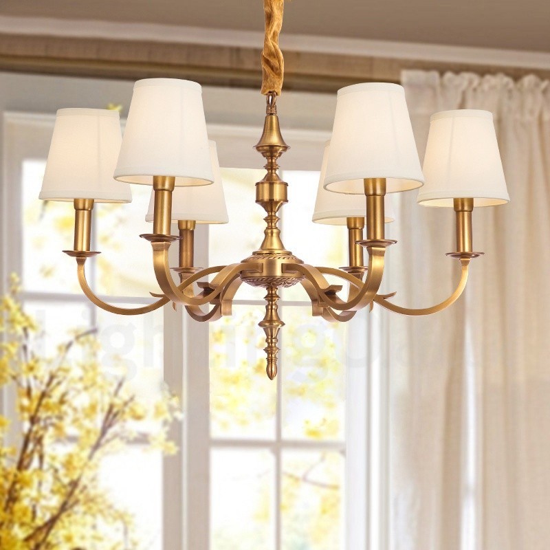 Lustre suspendu de luxe rustique rétro à 6 lumières en laiton avec abat-jour en tissu