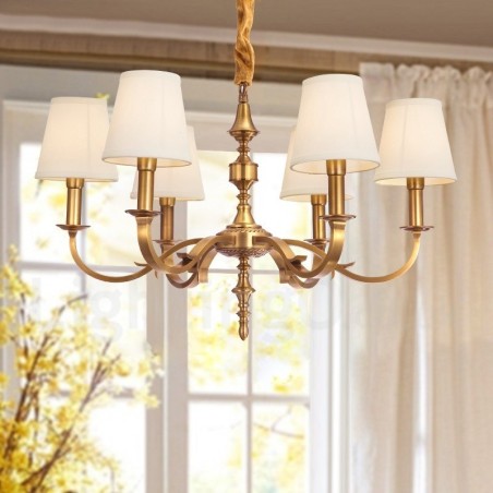 Lustre suspendu de luxe rustique rétro à 6 lumières en laiton avec abat-jour en tissu Lustre suspendu de luxe rustique rétro à 6 lumières en laiton avec abat-jour en tissu