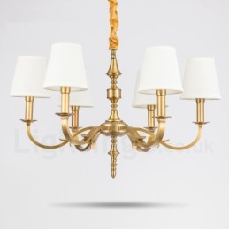 Lustre suspendu de luxe rustique rétro à 6 lumières en laiton avec abat-jour en tissu