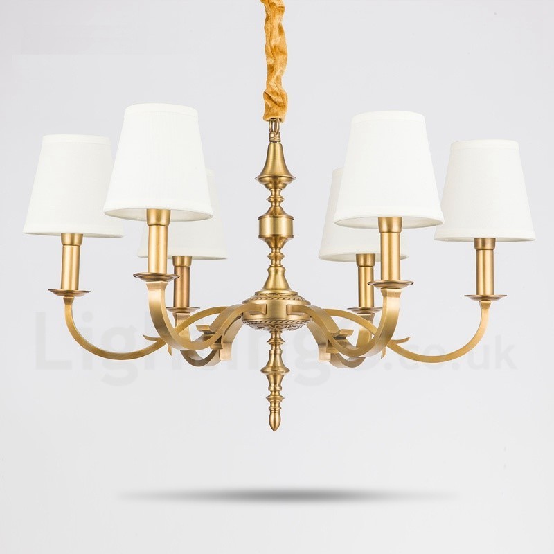 Lustre suspendu de luxe rustique rétro à 6 lumières en laiton avec abat-jour en tissu