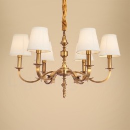 Lustre suspendu de luxe rustique rétro à 6 lumières en laiton avec abat-jour en tissu
