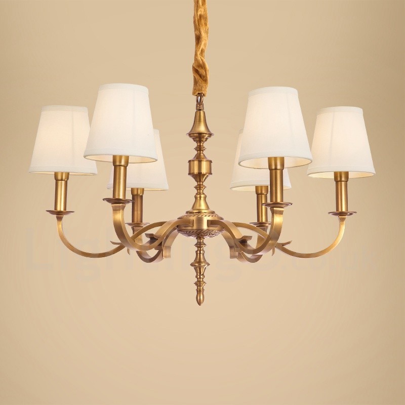 Lustre suspendu de luxe rustique rétro à 6 lumières en laiton avec abat-jour en tissu