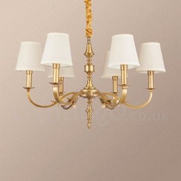 Lustre suspendu de luxe rustique rétro à 6 lumières en laiton avec abat-jour en tissu