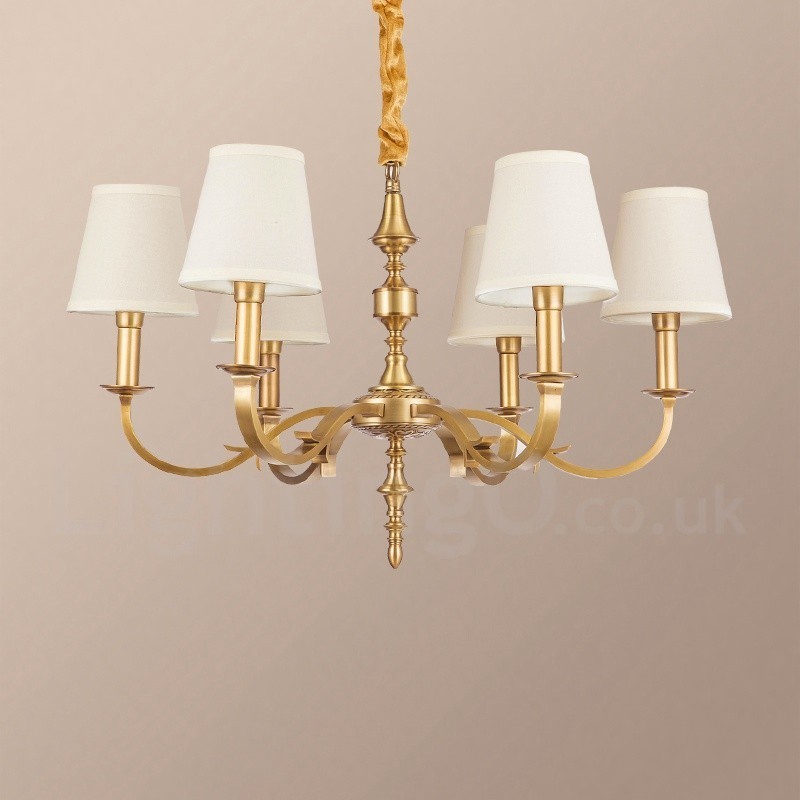 Lustre suspendu de luxe rustique rétro à 6 lumières en laiton avec abat-jour en tissu