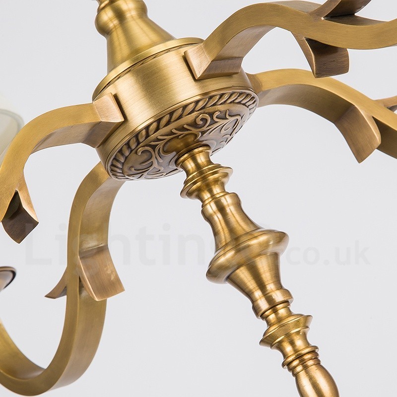 Lustre suspendu de luxe rustique rétro à 6 lumières en laiton avec abat-jour en tissu