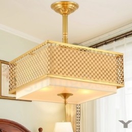 Lustre suspendu de luxe rustique rétro à 4 lumières en laiton avec abat-jour en tissu