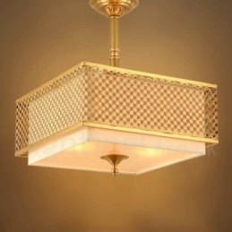 Lustre suspendu de luxe rustique rétro à 4 lumières en laiton avec abat-jour en tissu