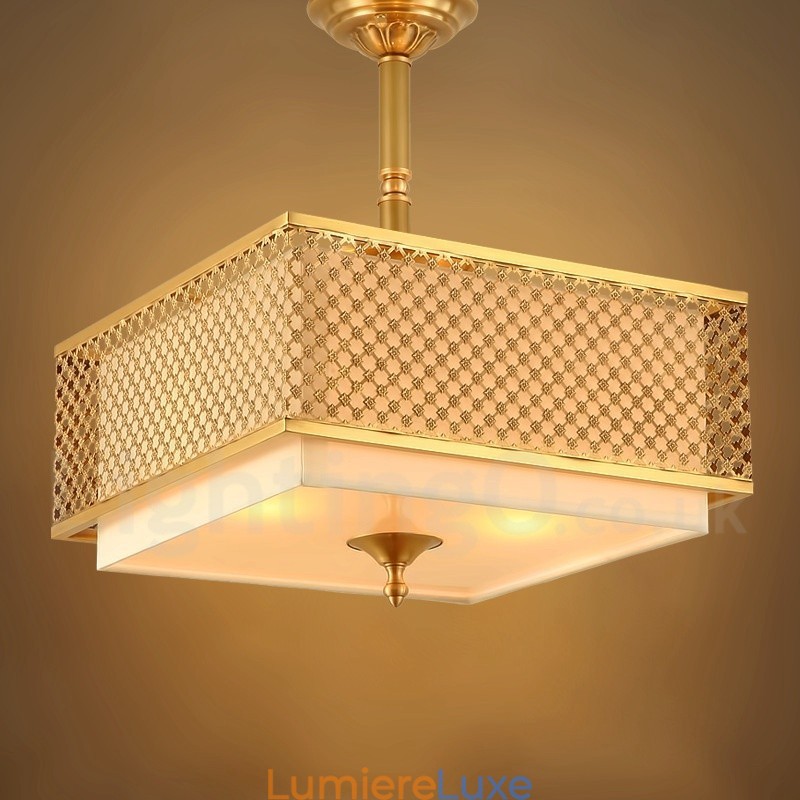 Lustre suspendu de luxe rustique rétro à 4 lumières en laiton avec abat-jour en tissu