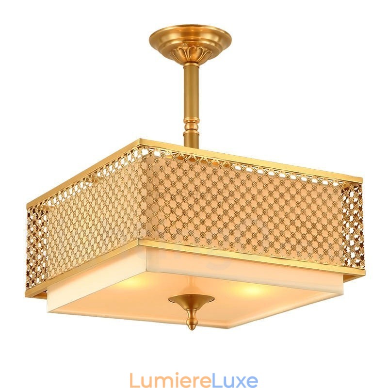 Lustre suspendu de luxe rustique rétro à 4 lumières en laiton avec abat-jour en tissu