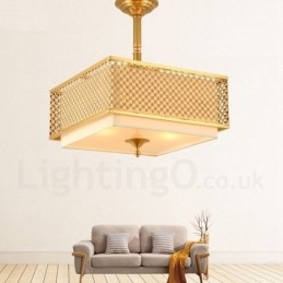 Lustre suspendu de luxe rustique rétro à 4 lumières en laiton avec abat-jour en tissu