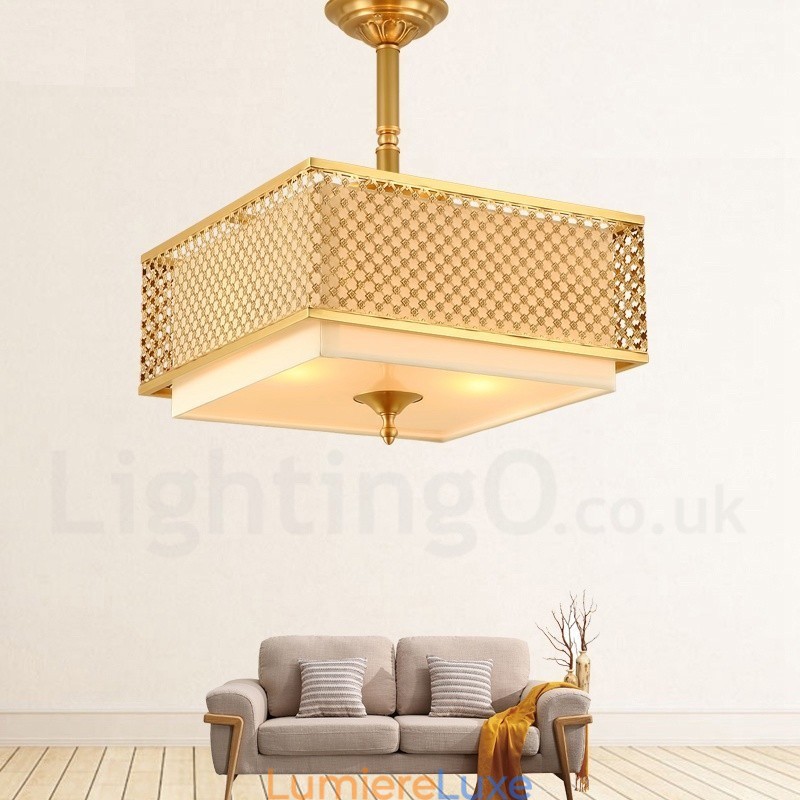 Lustre suspendu de luxe rustique rétro à 4 lumières en laiton avec abat-jour en tissu