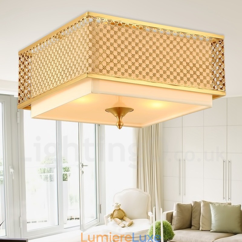 Lustre suspendu de luxe rustique rétro à 4 lumières en laiton avec abat-jour en tissu