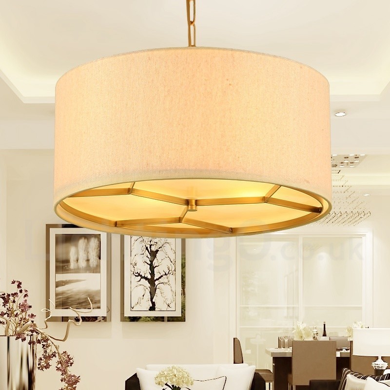 Lustre suspendu de luxe rustique rétro à 4 lumières en laiton avec abat-jour en tissu