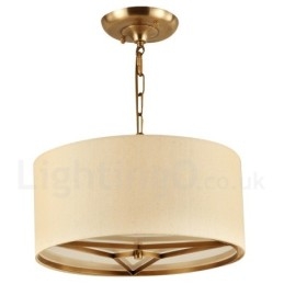 Lustre suspendu de luxe rustique rétro à 4 lumières en laiton avec abat-jour en tissu