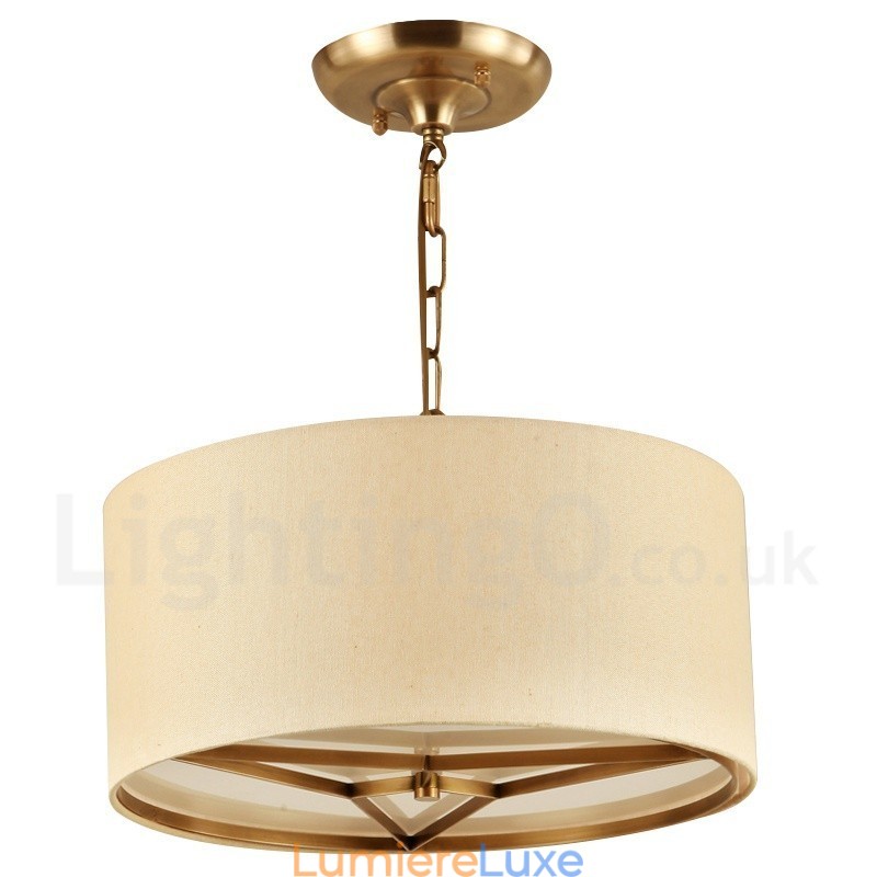 Lustre suspendu de luxe rustique rétro à 4 lumières en laiton avec abat-jour en tissu