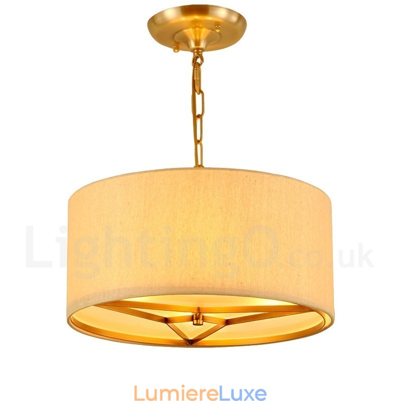 Lustre suspendu de luxe rustique rétro à 4 lumières en laiton avec abat-jour en tissu