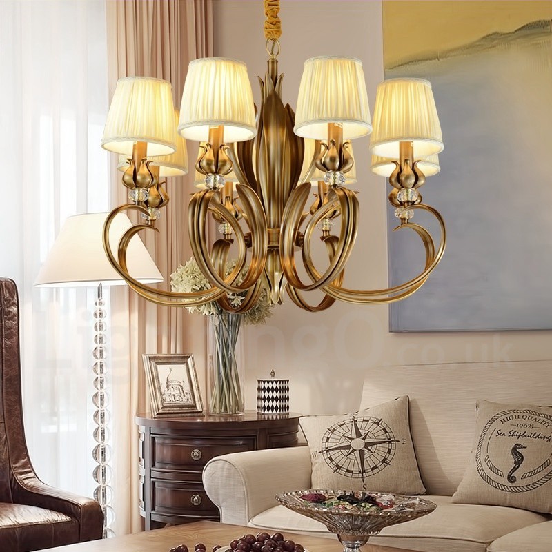 Lustre suspendu de luxe rustique rétro à 8 lumières en laiton avec abat-jour en tissu
