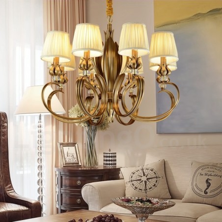 Lustre suspendu de luxe rustique rétro à 8 lumières en laiton avec abat-jour en tissu Lustre suspendu de luxe rustique rétro à 8 lumières en laiton avec abat-jour en tissu