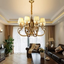 Lustre suspendu de luxe rustique rétro à 8 lumières en laiton avec abat-jour en tissu