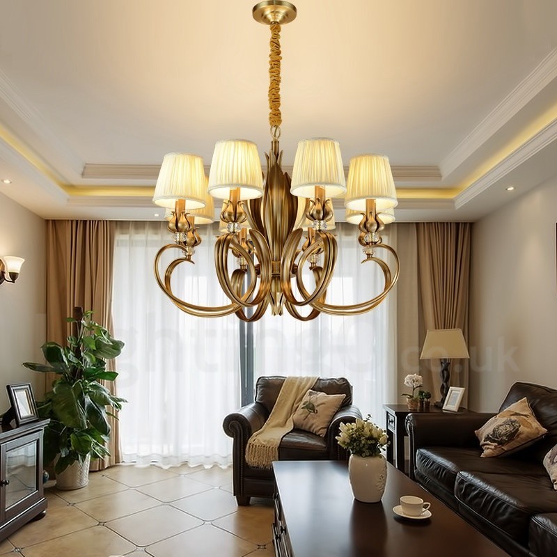 Lustre suspendu de luxe rustique rétro à 8 lumières en laiton avec abat-jour en tissu