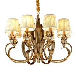 Lustre suspendu de luxe rustique rétro à 8 lumières en laiton avec abat-jour en tissu