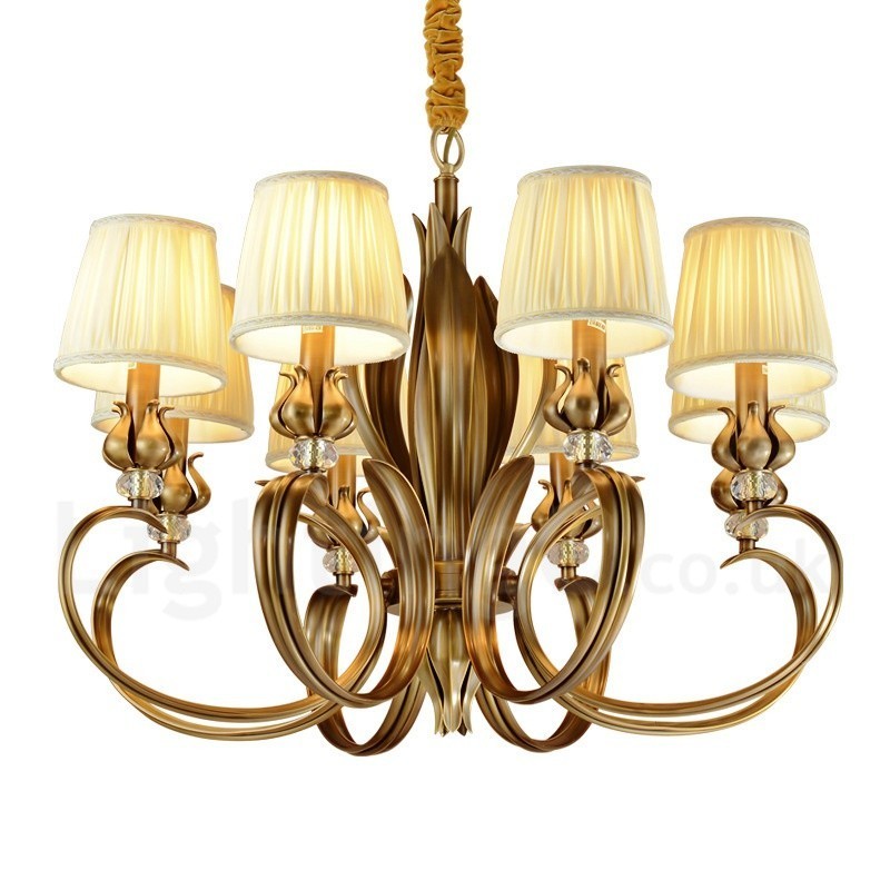 Lustre suspendu de luxe rustique rétro à 8 lumières en laiton avec abat-jour en tissu