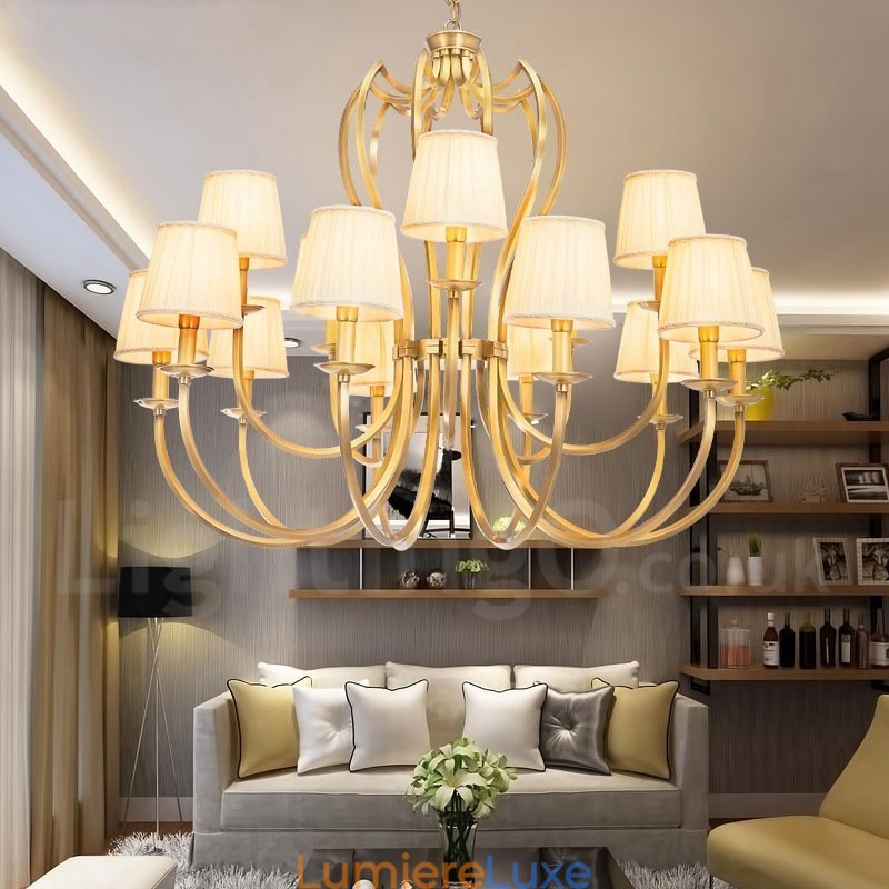 Lustre suspendu de luxe rustique rétro à 18 lumières en laiton avec abat-jour en tissu