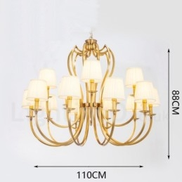 Lustre suspendu de luxe rustique rétro à 18 lumières en laiton avec abat-jour en tissu