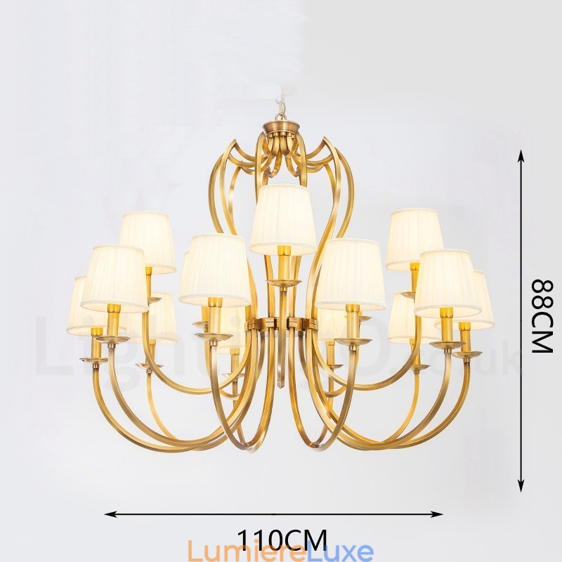 Lustre suspendu de luxe rustique rétro à 18 lumières en laiton avec abat-jour en tissu