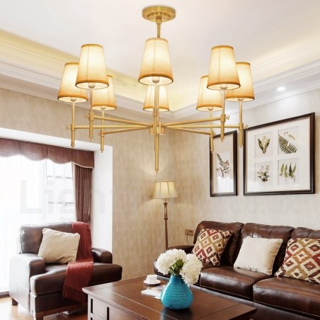 Lustre suspendu de luxe rustique rétro à 8 lumières en laiton avec abat-jour en tissu Lustre suspendu de luxe rustique rétro à 8 lumières en laiton avec abat-jour en tissu