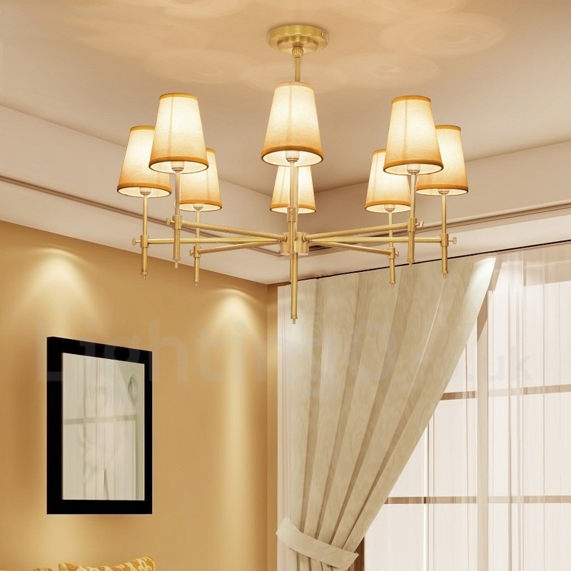 Lustre suspendu de luxe rustique rétro à 8 lumières en laiton avec abat-jour en tissu