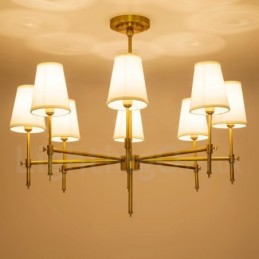 Lustre suspendu de luxe rustique rétro à 8 lumières en laiton avec abat-jour en tissu