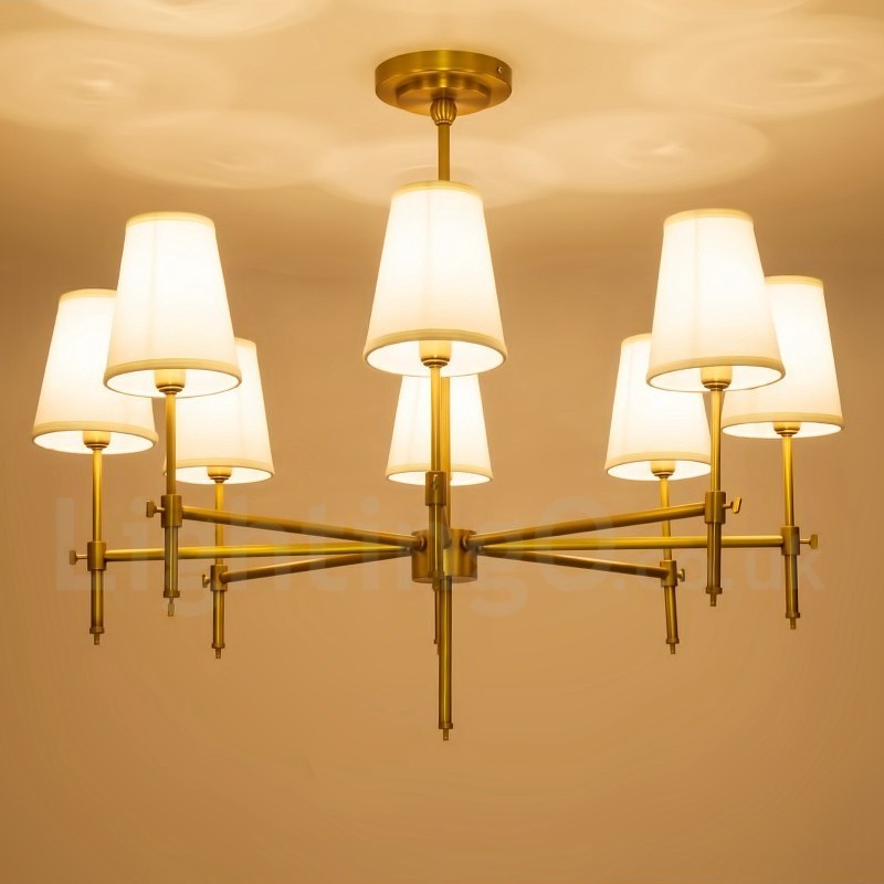 Lustre suspendu de luxe rustique rétro à 8 lumières en laiton avec abat-jour en tissu