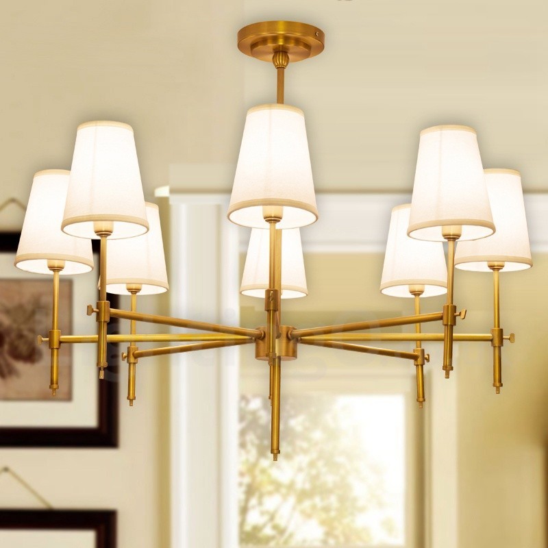 Lustre suspendu de luxe rustique rétro à 8 lumières en laiton avec abat-jour en tissu