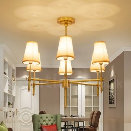 Lustre suspendu de luxe rustique rétro à 6 lumières en laiton avec abat-jour en tissu