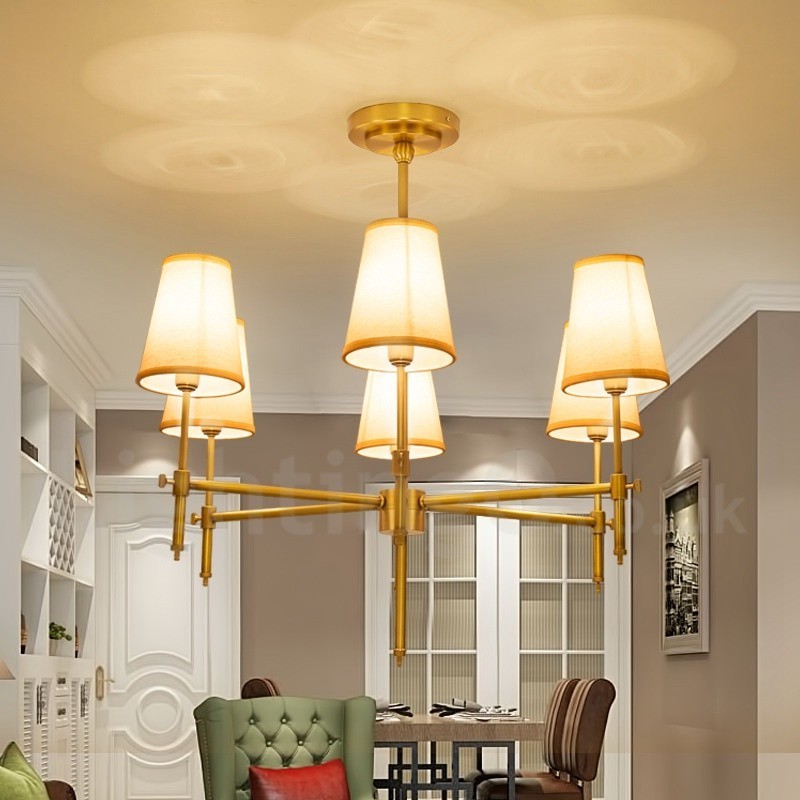 Lustre suspendu de luxe rustique rétro à 6 lumières en laiton avec abat-jour en tissu