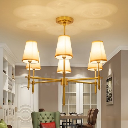 Lustre suspendu de luxe rustique rétro à 6 lumières en laiton avec abat-jour en tissu Lustre suspendu de luxe rustique rétro à 6 lumières en laiton avec abat-jour en tissu
