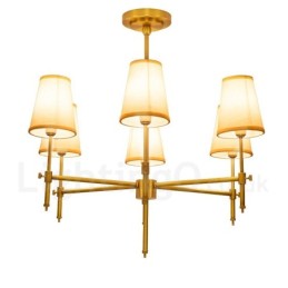 Lustre suspendu de luxe rustique rétro à 6 lumières en laiton avec abat-jour en tissu