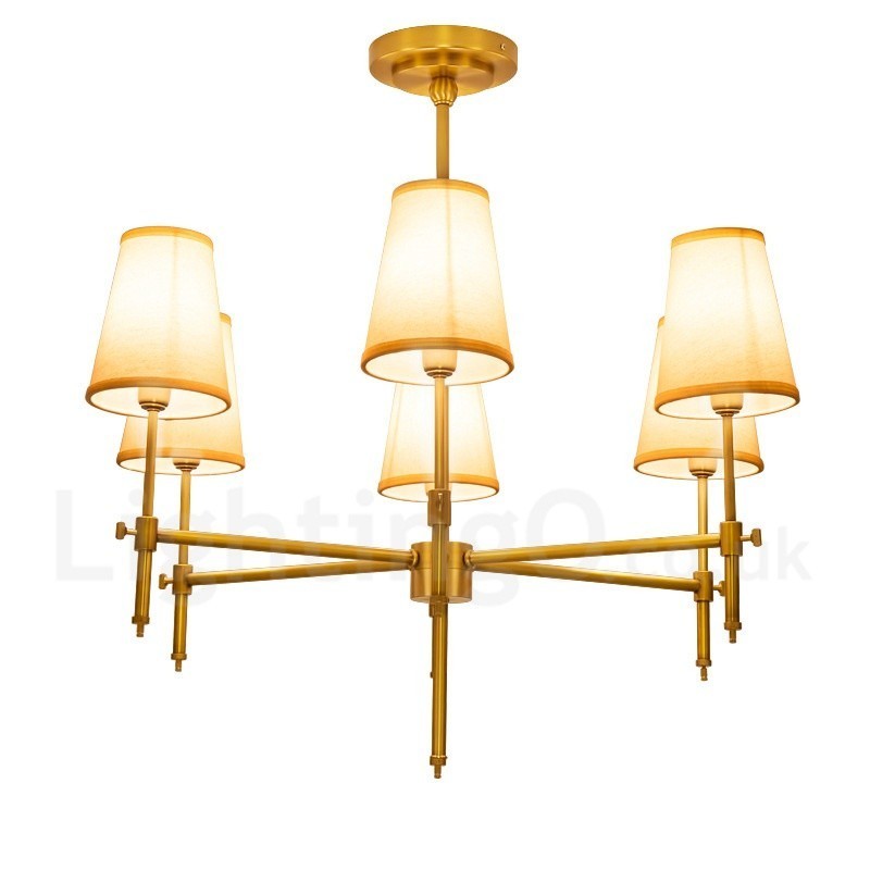 Lustre suspendu de luxe rustique rétro à 6 lumières en laiton avec abat-jour en tissu