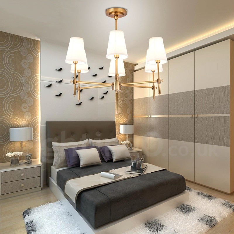 Lustre suspendu de luxe rustique rétro à 6 lumières en laiton avec abat-jour en tissu