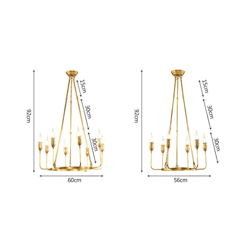 Lustre suspendu de luxe en laiton rustique rétro à 6 ou 8 lumières