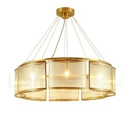 Lustre suspendu de luxe rustique rétro à 8 lumières en laiton avec abat-jour en verre