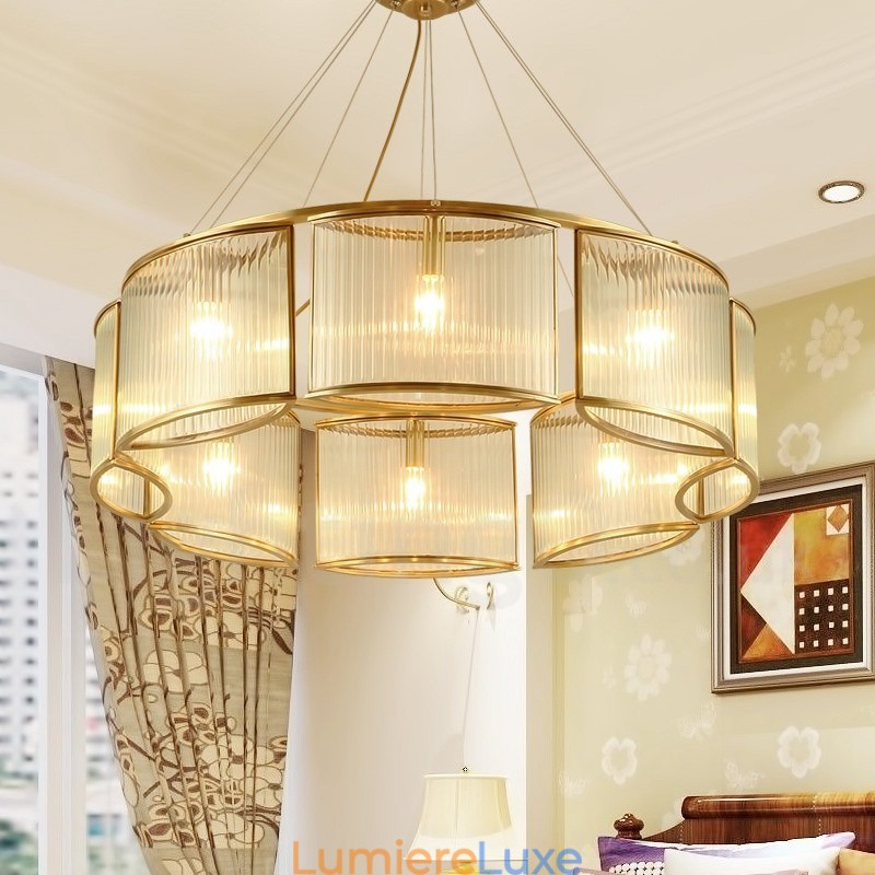 Lustre suspendu de luxe rustique rétro à 8 lumières en laiton avec abat-jour en verre