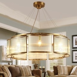 Lustre suspendu de luxe rustique rétro à 8 lumières en laiton avec abat-jour en verre