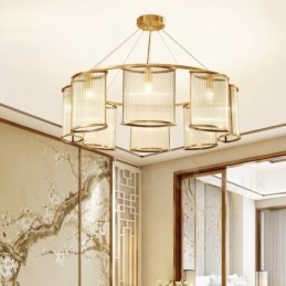 Lustre suspendu de luxe rustique rétro à 8 lumières en laiton avec abat-jour en verre
