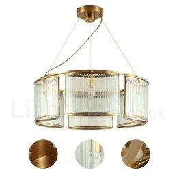 Lustre suspendu de luxe rustique rétro à 6 lumières en laiton avec abat-jour en verre