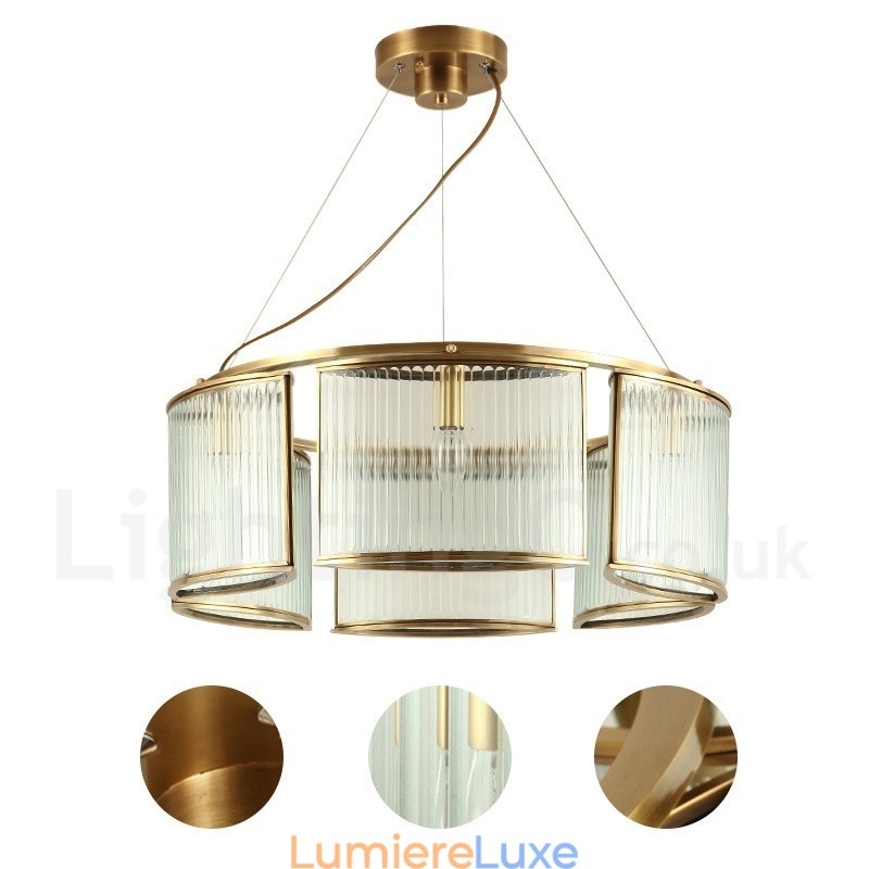 Lustre suspendu de luxe rustique rétro à 6 lumières en laiton avec abat-jour en verre